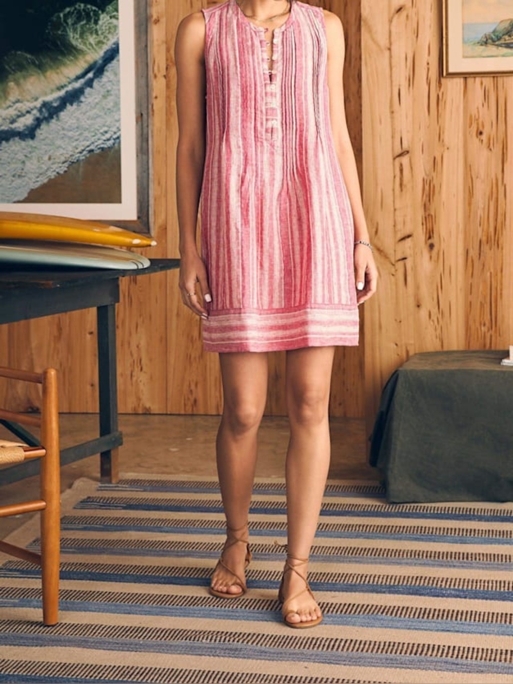 Faherty Isha Linen Dress Pink Cinque Terre Stripe Sleeveless
